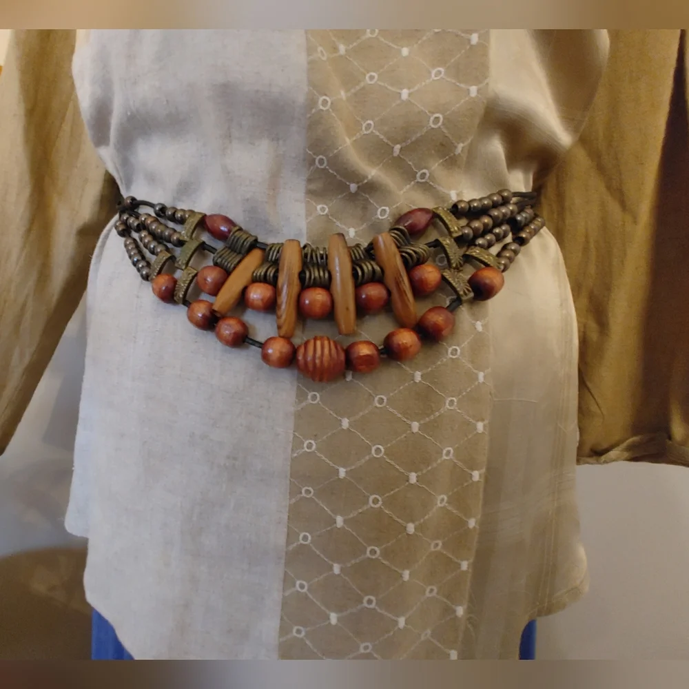 VTG OOAK Beaded BELT with Stone, Wood & Brass Accents (342)
